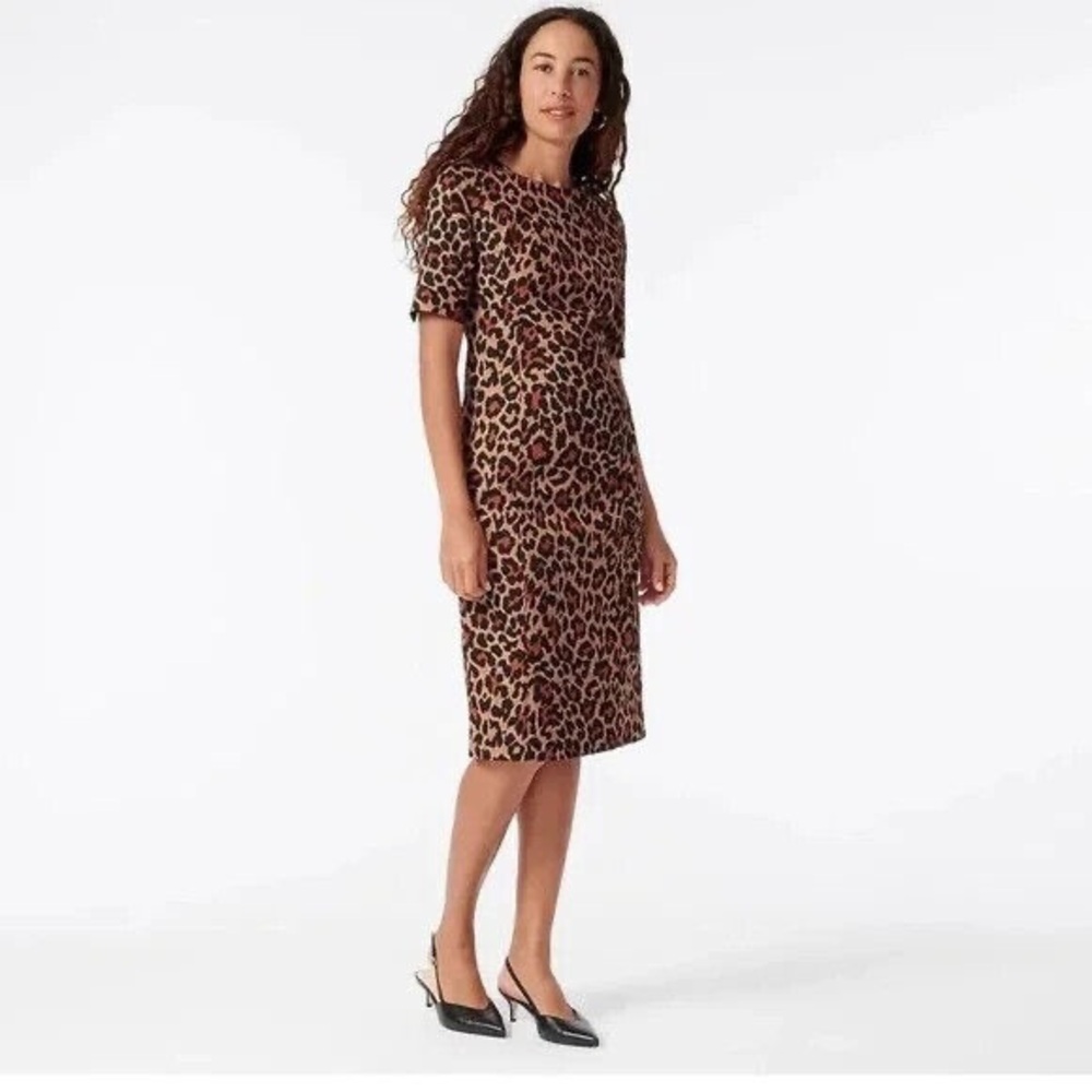 J. Crew Elbow-Sleeve Sheath Dress in Leopard Bi-Stretch Cotton